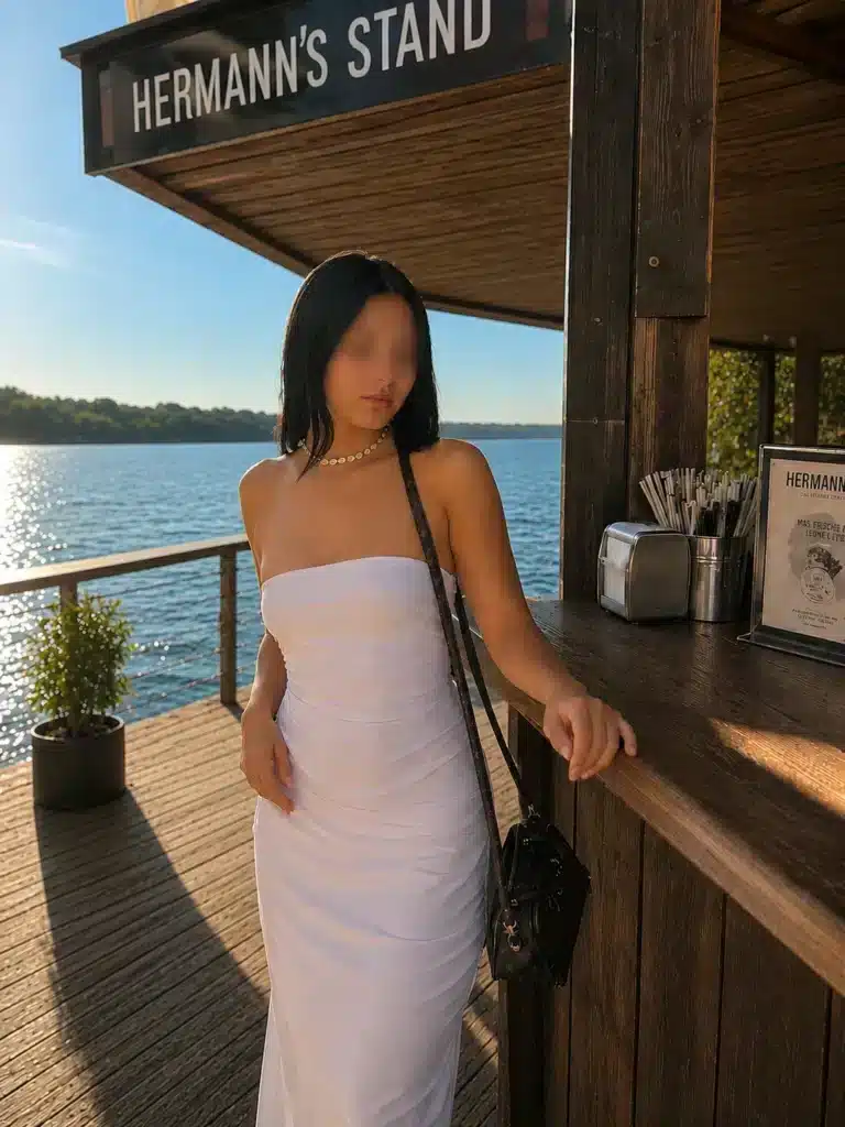 Eine Frau in einem weißen, trägerlosen Kleid steht an einer Holztheke in einem Lokal namens „Hermanns Stand“ am Seeufer, im Hintergrund sind an einem sonnigen Tag das ruhige Wasser und Bäume zu sehen.
