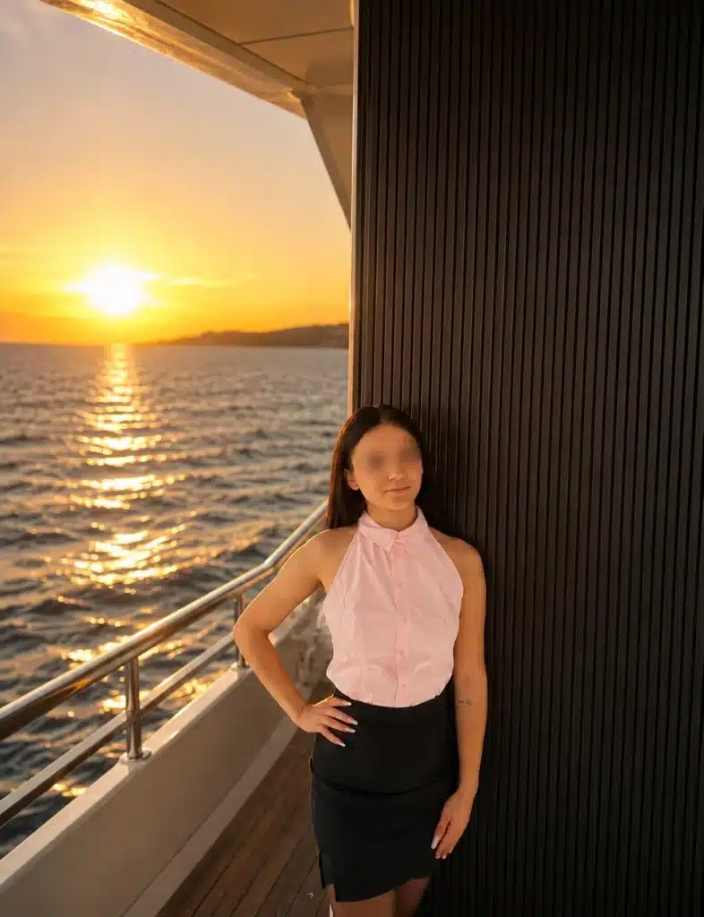 Alina steht bei Sonnenuntergang auf einem Bootsdeck.