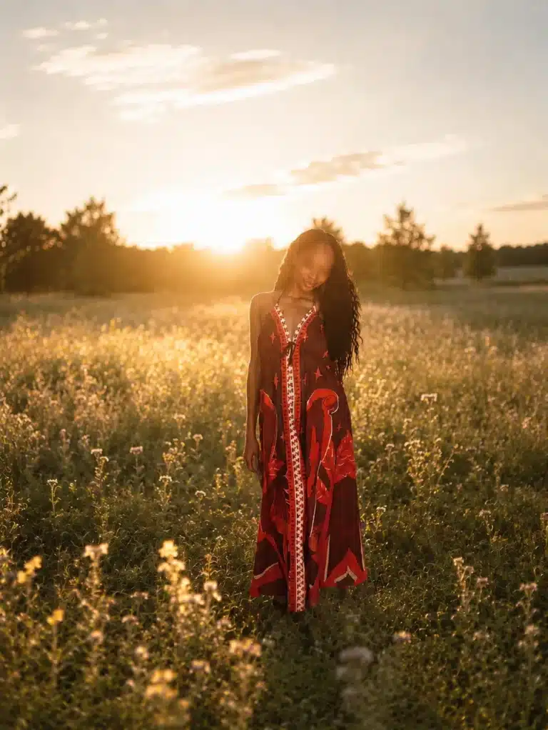 A woman in a long, red patterned dress stands in a sunlit field of wildflowers at sunset, with trees and a glowing sky in the background.