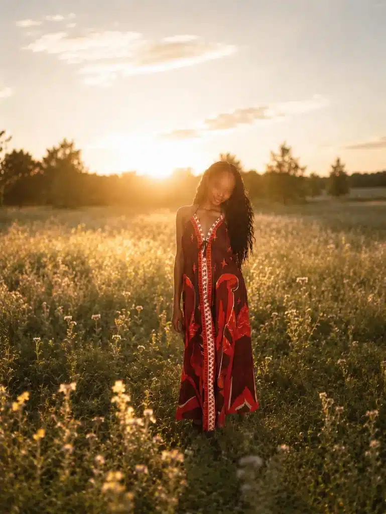 A woman in a long, red patterned dress stands in a sunlit field of wildflowers at sunset, with trees and a glowing sky in the background.