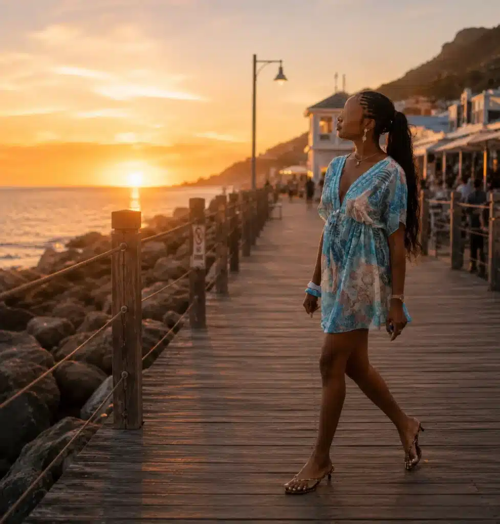 A woman in a blue, floral dress is taking a walk along a beach promenade at sunset, with rocky shores and outdoor restaurants on her right and the low-hanging sun over the water.