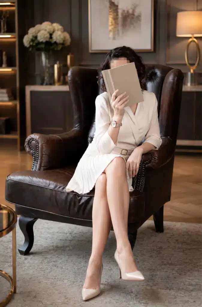 A woman in a white dress is sitting in a dark leather armchair, her legs crossed, holding an open book in front of her face to hide it—in a stylish, warmly lit room.