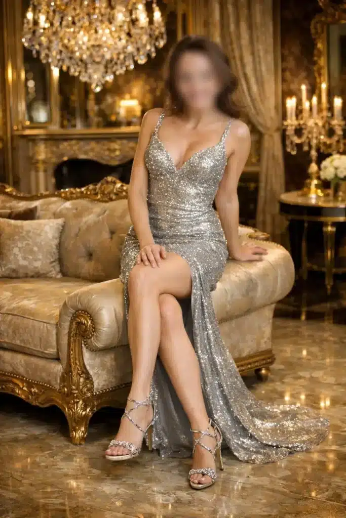 A woman in a sparkling silver evening gown with a high slit is sitting on a luxurious, gold-embellished sofa in an elegant, opulent room with chandeliers and decorative mirrors.