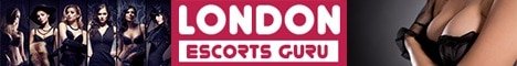 Links steht eine Gruppe von Frauen in schwarzen Dessous zusammen, in der Mitte steht der Schriftzug LONDON ESCORTS GURU in fetten weißen und rosa Lettern, rechts eine Nahaufnahme eines Escort Wien-Modells in knappen schwarzen Dessous.